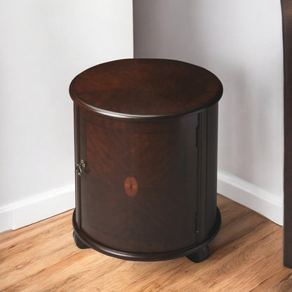 24" Dark Brown Wood Round Drum End Table