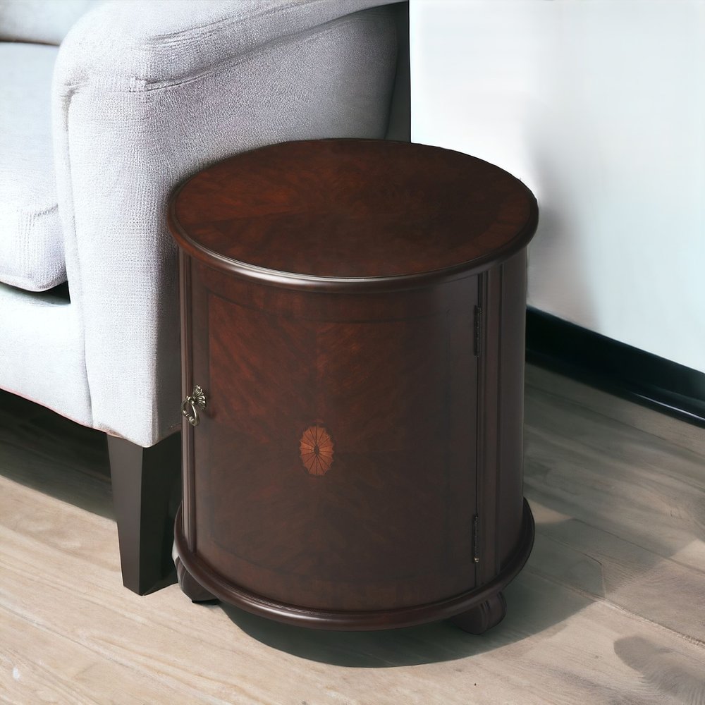 24" Dark Brown Wood Round Drum End Table