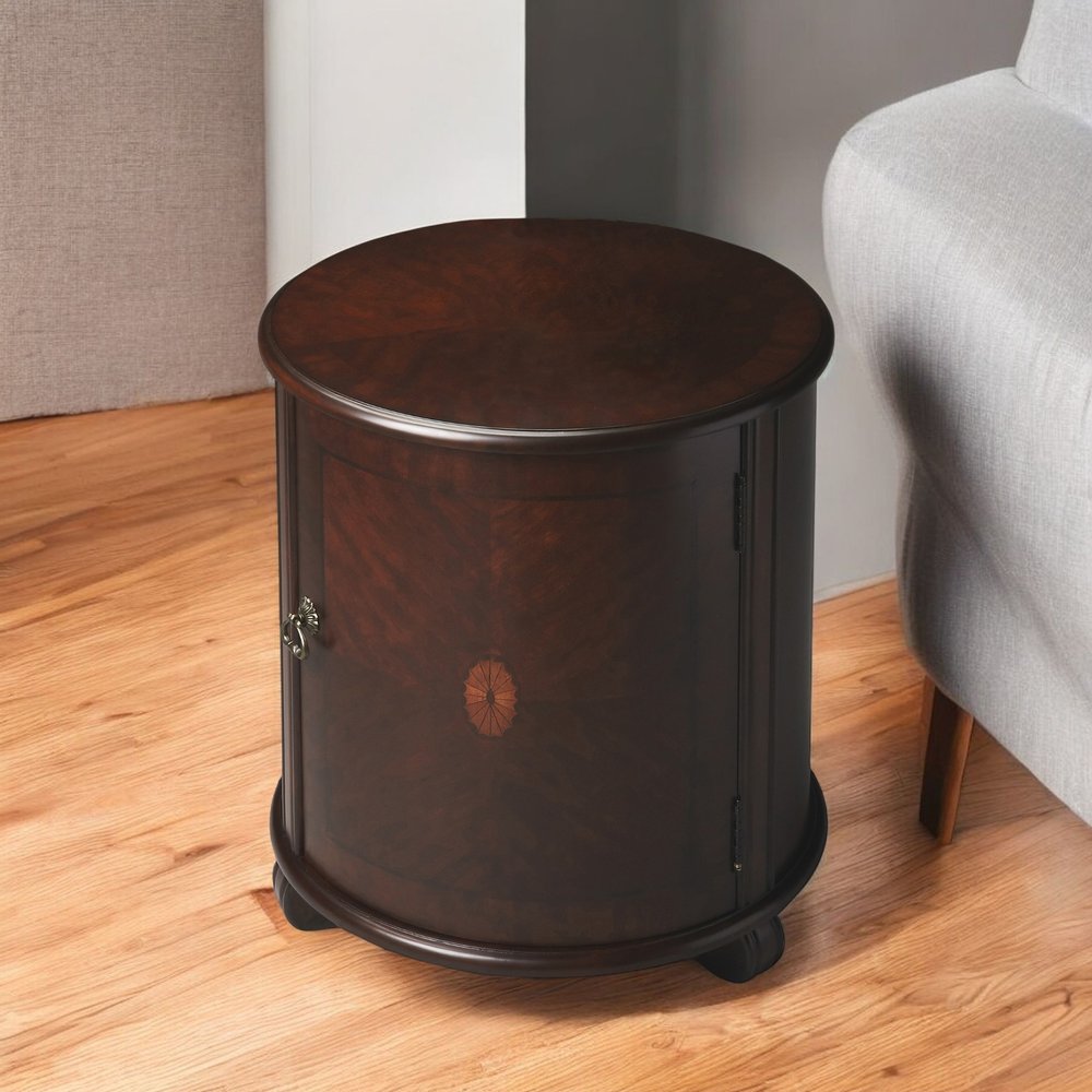 24" Dark Brown Wood Round Drum End Table