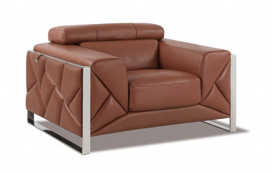 48" Camel And Silver Italian Leather Arm Chair