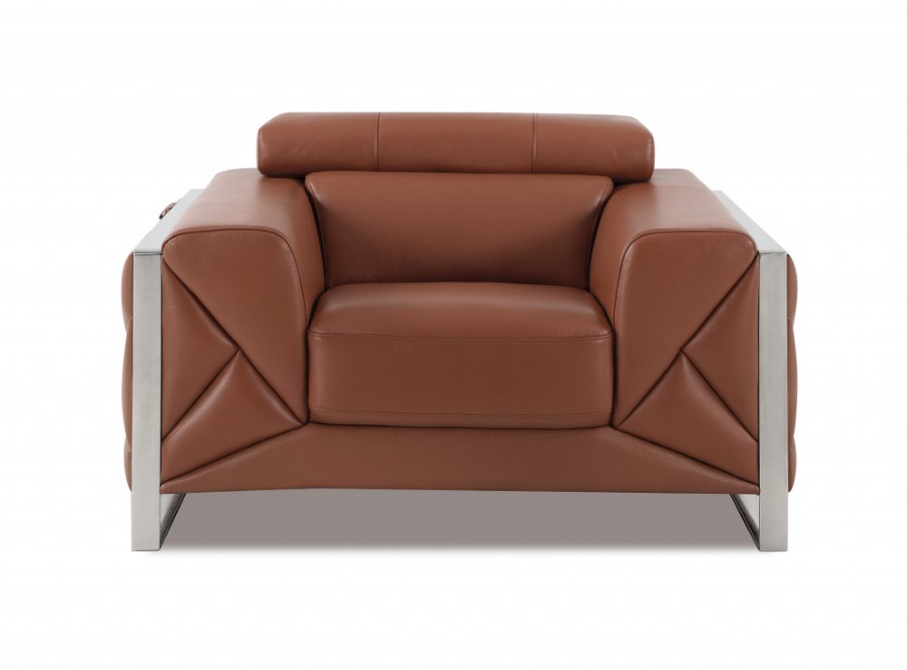 48" Camel And Silver Italian Leather Arm Chair