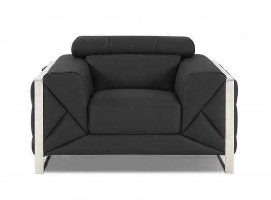 48" Dark Slate Gray And White Italian Leather Arm Chair
