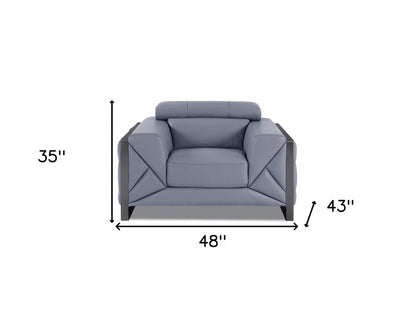48" Light Blue And Black Italian Leather Arm Chair