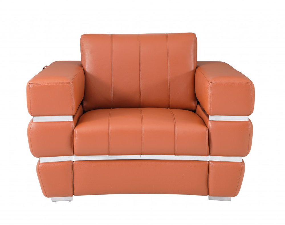 48" Camel And Silver Italian Leather Arm Chair