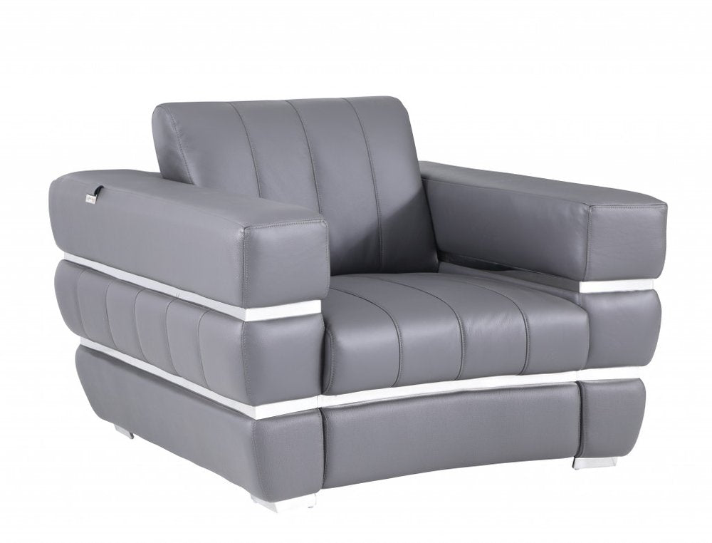 48" Dark Slate Gray And White Italian Leather Arm Chair