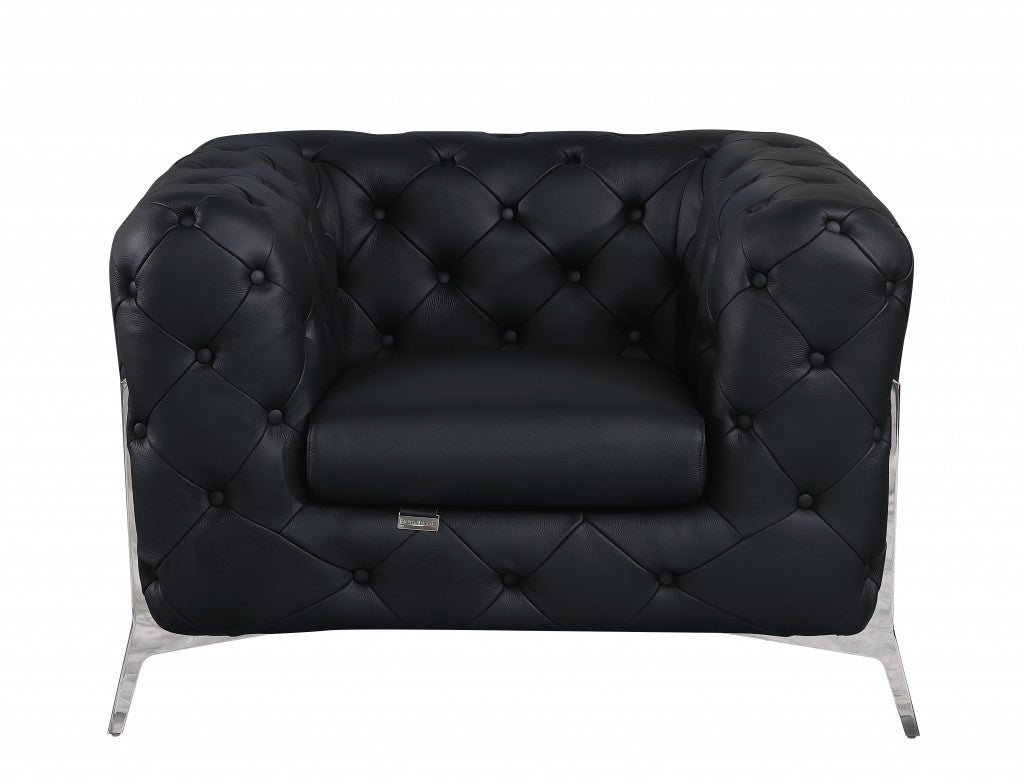 45" Black And Silver Italian Leather Tufted Chesterfield Chair