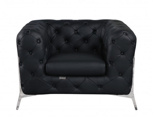 45" Black And Silver Italian Leather Tufted Chesterfield Chair