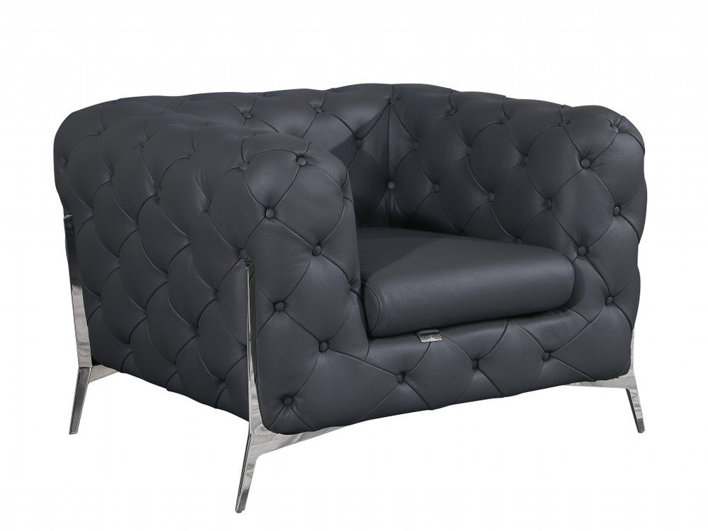45" Dark Slate Gray And White Italian Leather Arm Chair