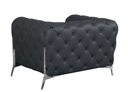 45" Dark Slate Gray And White Italian Leather Arm Chair