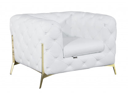 Glam White and Gold Tufted Leather Armchair