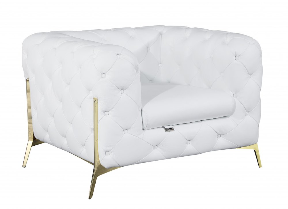 45" White And Gold Italian Leather Arm Chair