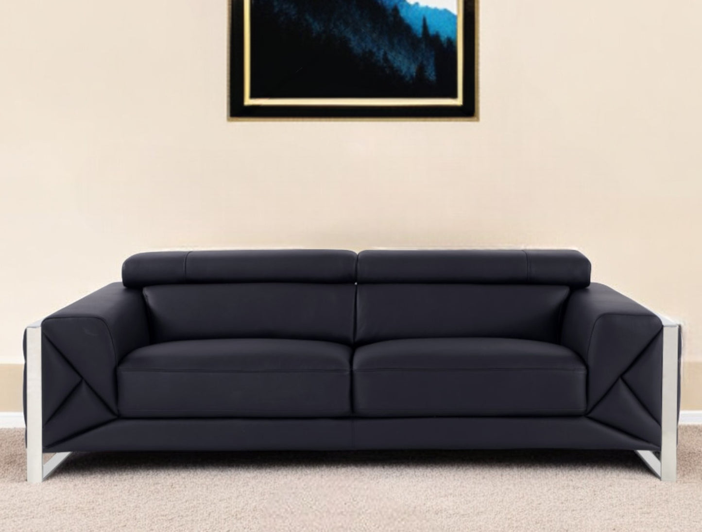 89" Black Italian Leather Sofa With Silver Legs