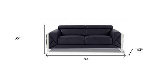 89" Black Italian Leather Sofa With Silver Legs