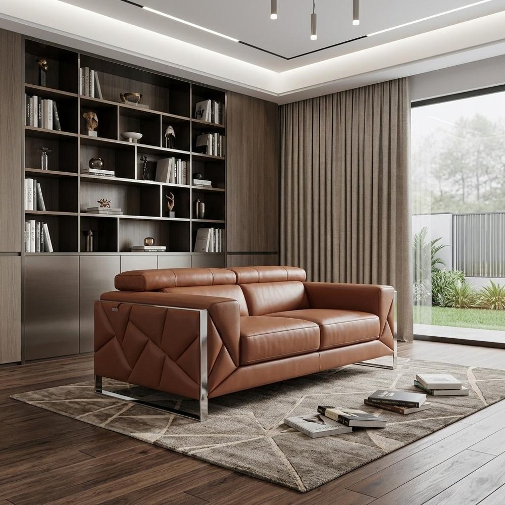 89" Camel Italian Leather Sofa With Silver Legs