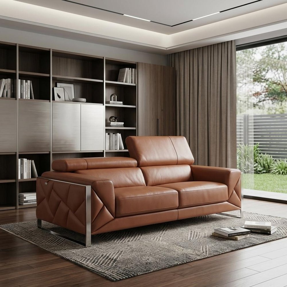 89" Camel Italian Leather Sofa With Silver Legs