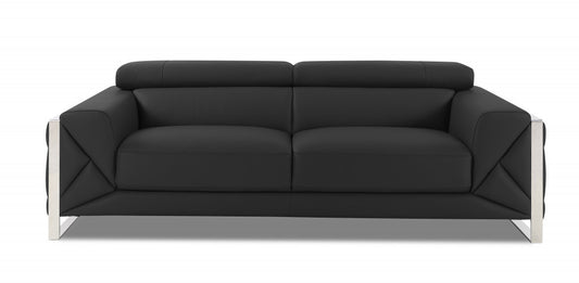 89" Dark Gray Italian Leather Sofa With Silver Legs