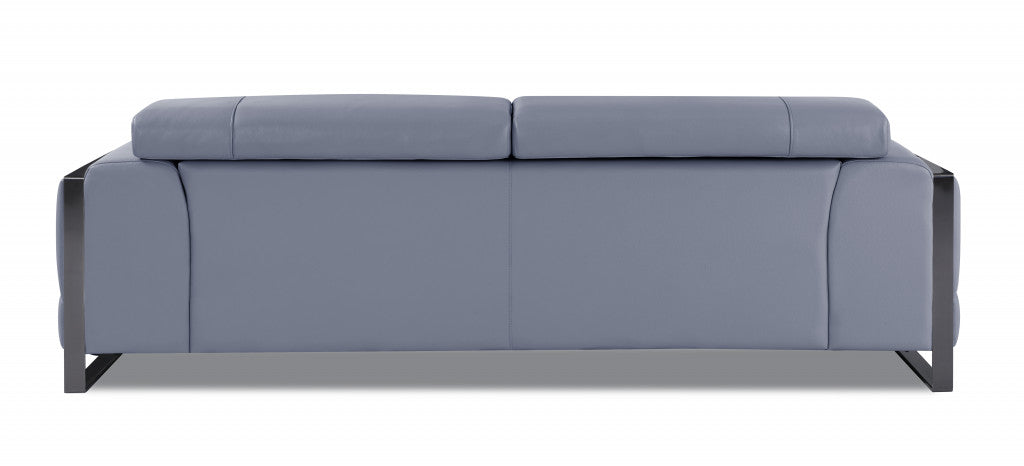 89" Light Blue Italian Leather Sofa With Chrome Legs