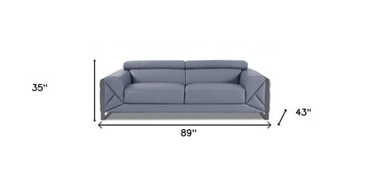 89" Light Blue Italian Leather Sofa With Chrome Legs