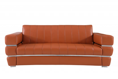 89" Camel Italian Leather Sofa With Silver Legs