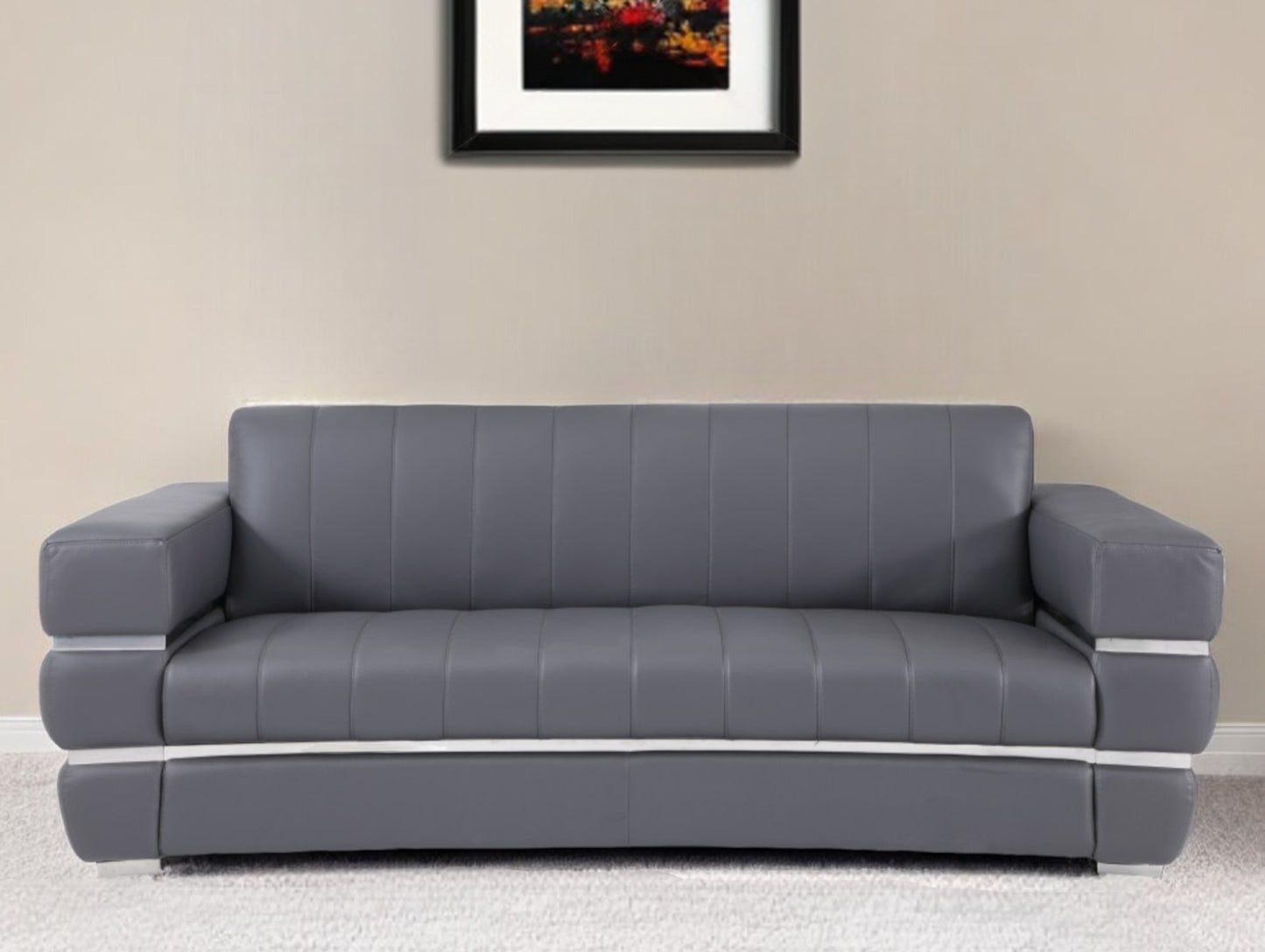 89" Dark Gray Italian Leather Sofa With Silver Legs