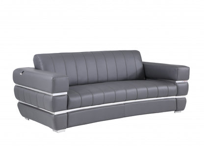 89" Dark Gray Italian Leather Sofa With Silver Legs