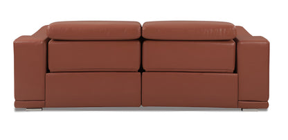 86" Camel Italian Leather USB Reclining Sofa With Silver Legs