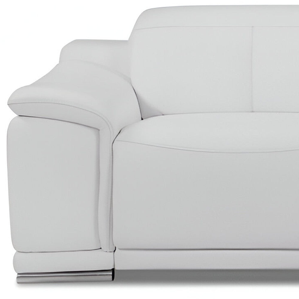 86" White Italian Leather USB Reclining Sofa With Silver Legs