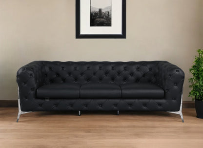 93" Black Italian Leather Chesterfield Sofa With Silver Legs