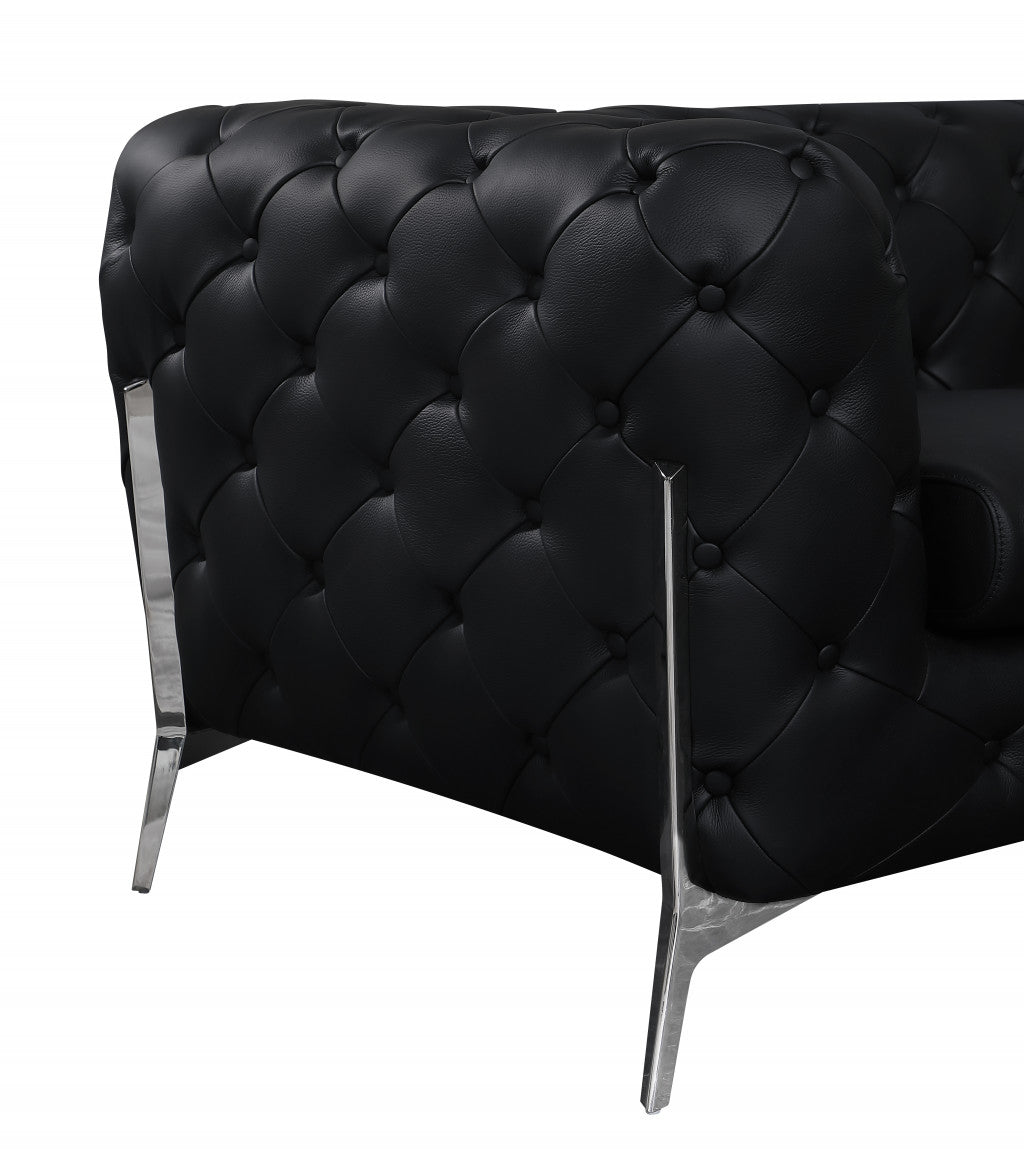 93" Black Italian Leather Chesterfield Sofa With Silver Legs