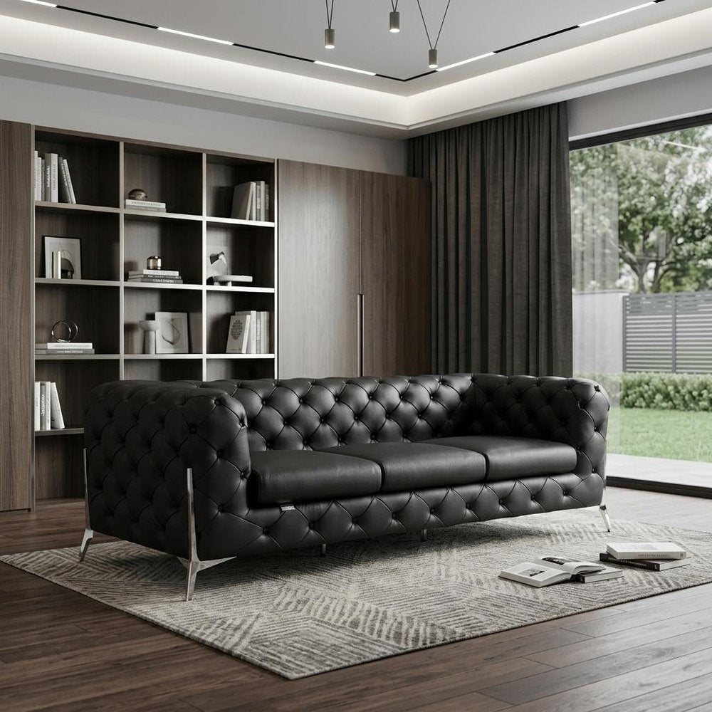 93" Black Italian Leather Chesterfield Sofa With Silver Legs