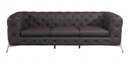 93" Brown Italian Leather Chesterfield Sofa With Silver Legs