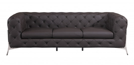 93" Brown Italian Leather Chesterfield Sofa With Silver Legs