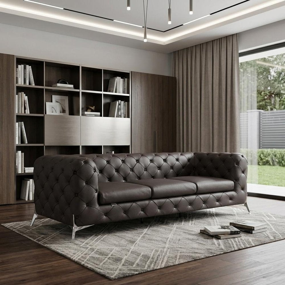 93" Brown Italian Leather Chesterfield Sofa With Silver Legs