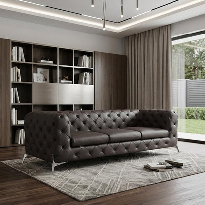 93" Brown Italian Leather Chesterfield Sofa With Silver Legs