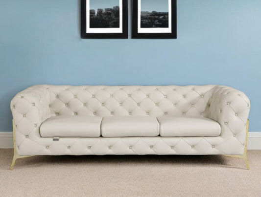 93" Beige Italian Leather Chesterfield Sofa With Silver Legs