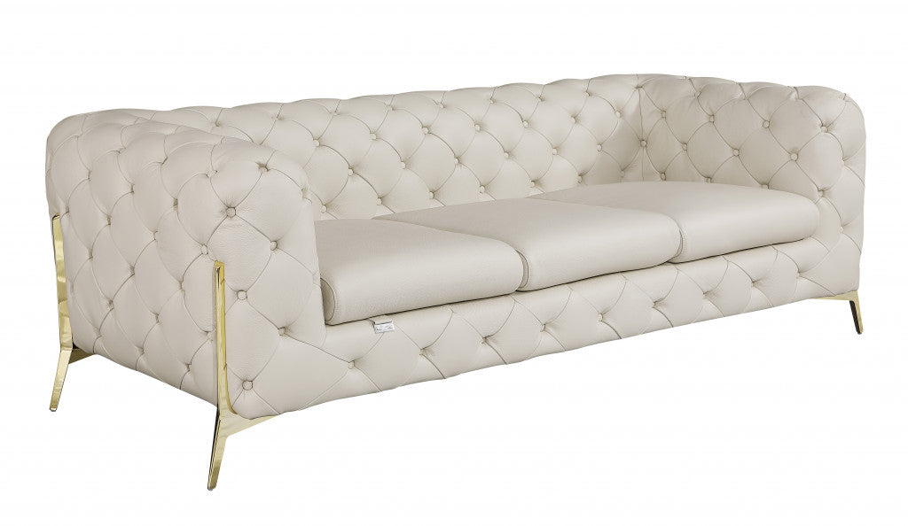 93" Beige Italian Leather Chesterfield Sofa With Silver Legs