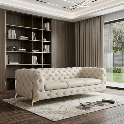 93" Beige Italian Leather Chesterfield Sofa With Silver Legs