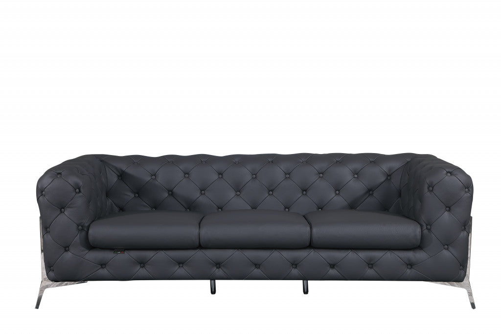 93" Dark Gray Italian Leather Chesterfield Sofa With Silver Legs