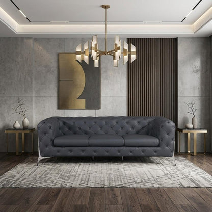 93" Dark Gray Italian Leather Chesterfield Sofa With Silver Legs