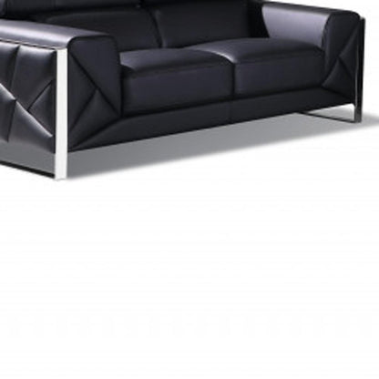 Three Piece Indoor Black Italian Leather Six Person Seating Set