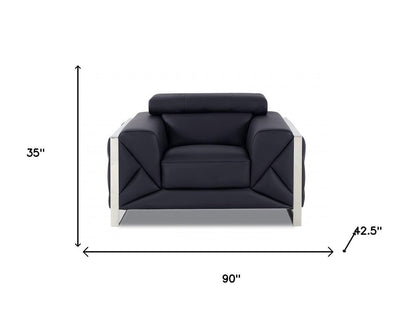 Three Piece Indoor Black Italian Leather Six Person Seating Set