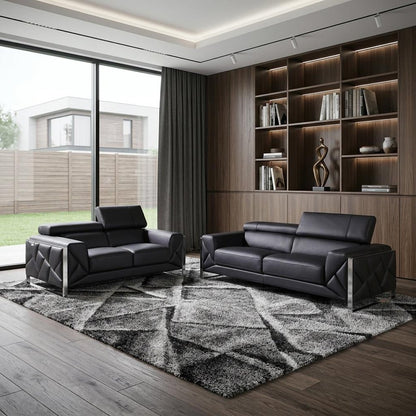 Two Piece Indoor Black Italian Leather Five Person Seating Set