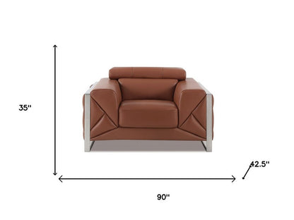 Three Piece Indoor Camel Italian Leather Six Person Seating Set