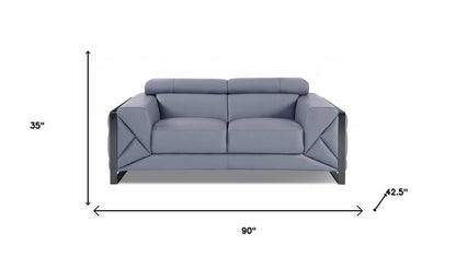 Two Piece Indoor Light Blue Italian Leather Five Person Seating Set