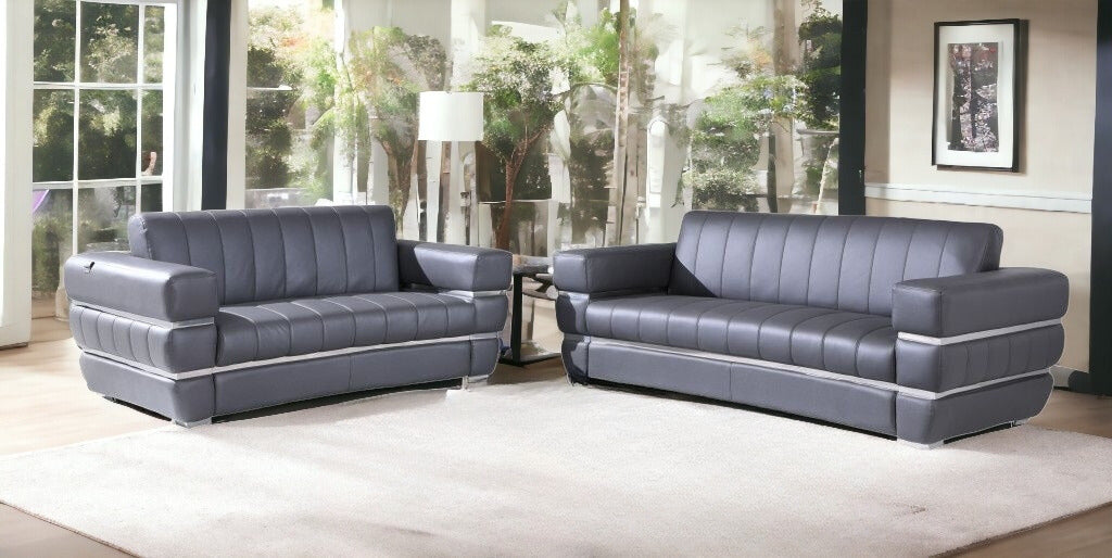 Two Piece Indoor Dark Gray Italian Leather Five Person Seating Set