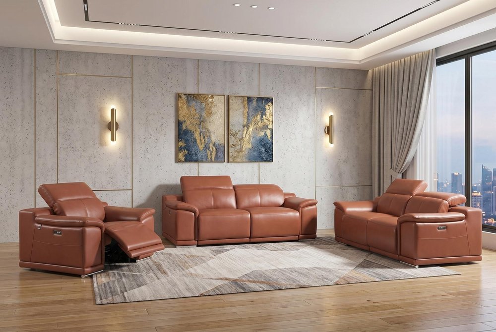 Three Piece Indoor Camel Italian Leather Six Person Seating Set