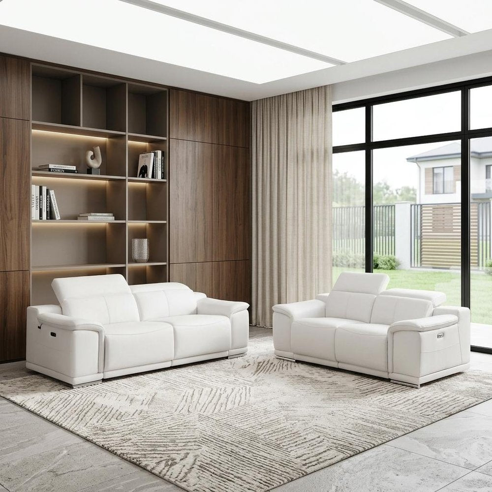 Two Piece Indoor White Italian Leather Five Person Seating Set