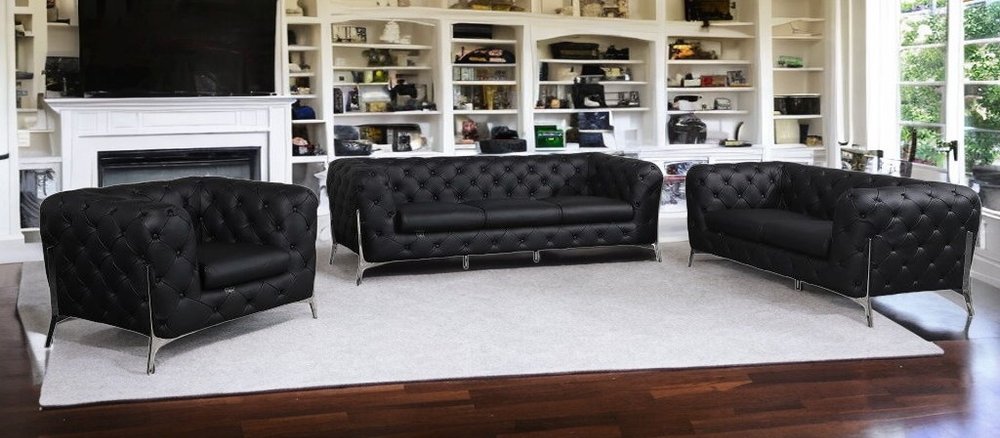 Three Piece Indoor Black Italian Leather Six Person Seating Set