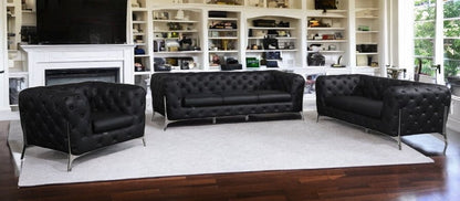Three Piece Indoor Black Italian Leather Six Person Seating Set