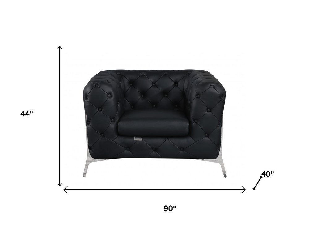 Three Piece Indoor Black Italian Leather Six Person Seating Set